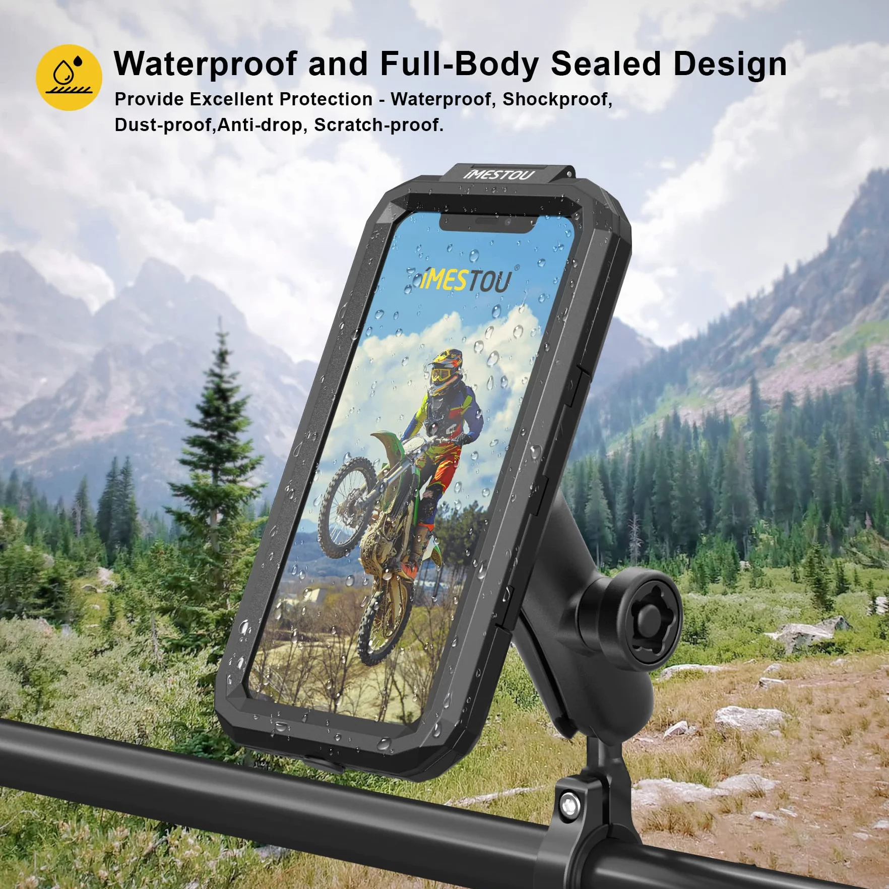 iMESTOU wasserdichte IP67 Motorrad Telefonhalterung, Fahrradhalterung mit 2,5 cm (1 Zoll) Doppelkugelsockel-Armen (S– für 3,5-6,1 Zoll Handys)