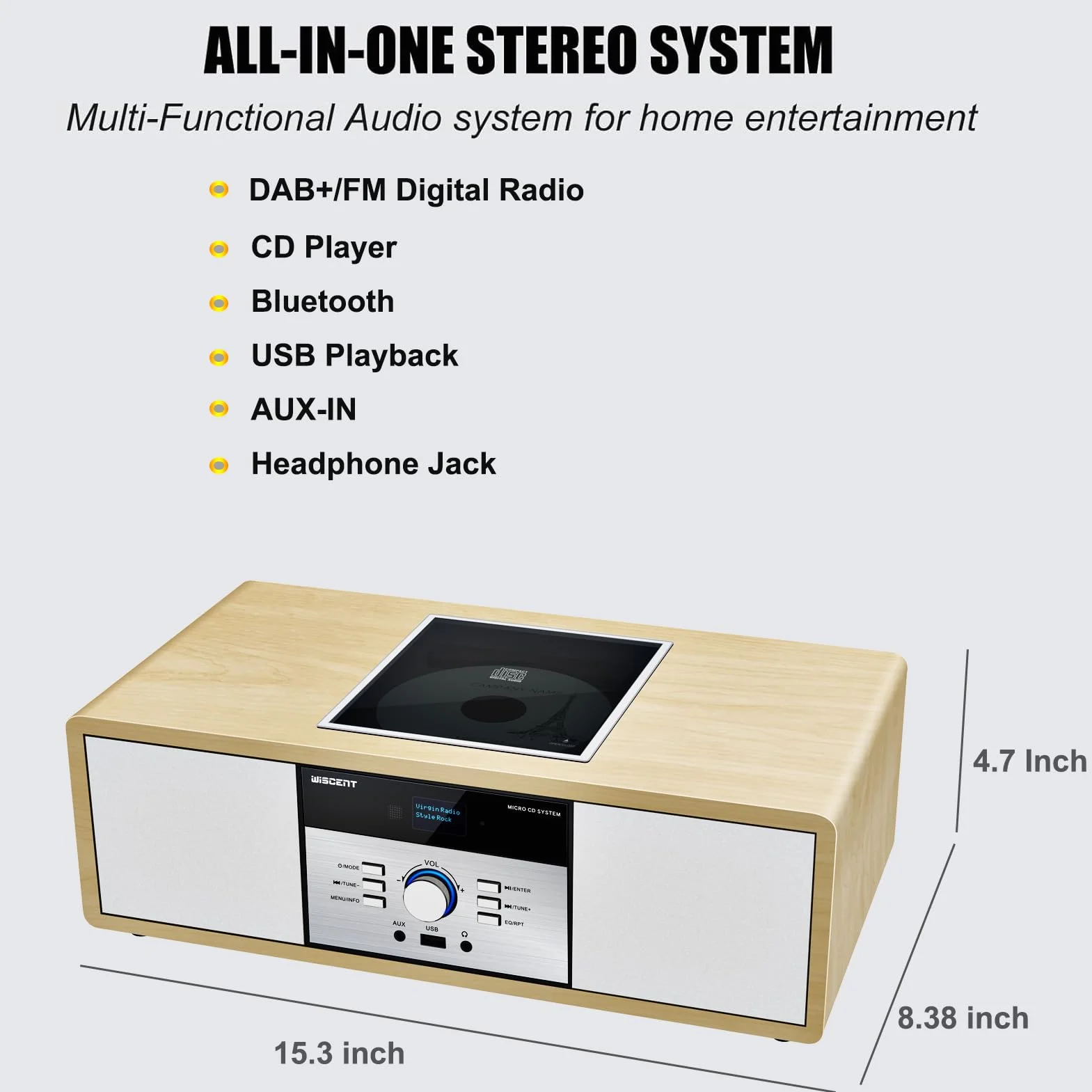DAB Radio mit CD Player, Vintage-HiFi-Musiksystem aus Holz mit Bluetooth, DAB+, UKW-Radio, AUX- und USB-Eingang, Fernbedienung, Kompaktradio und Stereoanlage