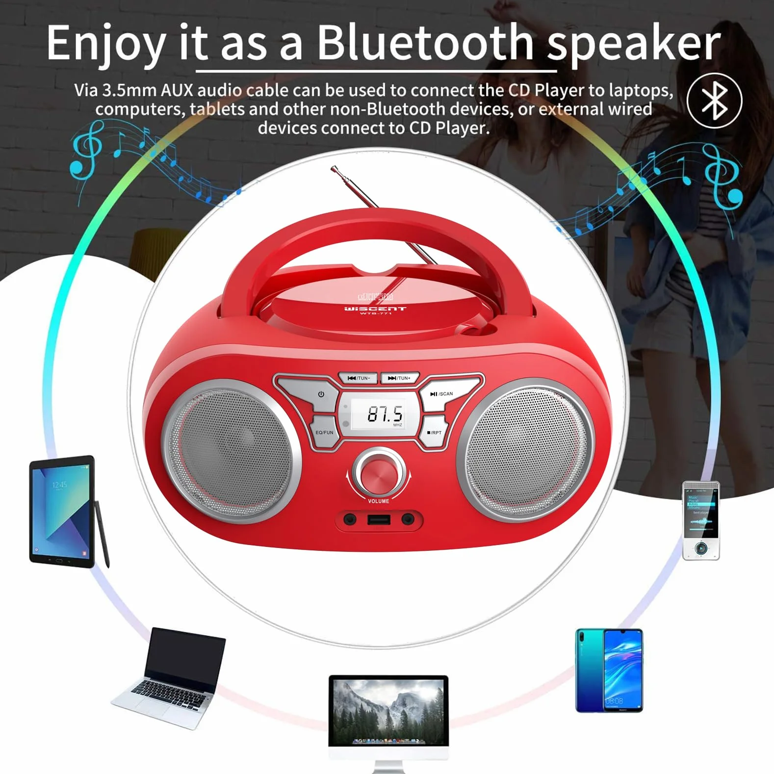 Tragbares Radio – mit CD-Player, Bluetooth Boombox, UKW-Radio, Fernbedienung, USB/AUX-Eingang, Kopfhöreranschlüsse, 4 Watt RMS Audio-Lautsprechern, Netz-/Batteriebetrieb