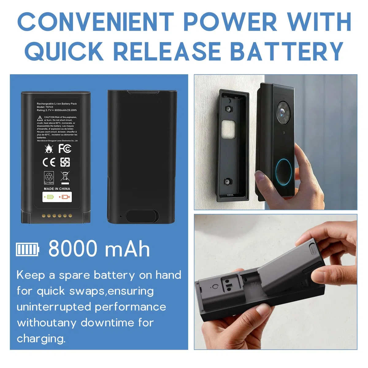 8000mAh Akku, kompatibel mit der Eufy E340 C31 Video-Türklingel; Ersatzakku mit hoher Kapazität für den Eufy E340-Akku, inklusive Typ-C-Ladekabel