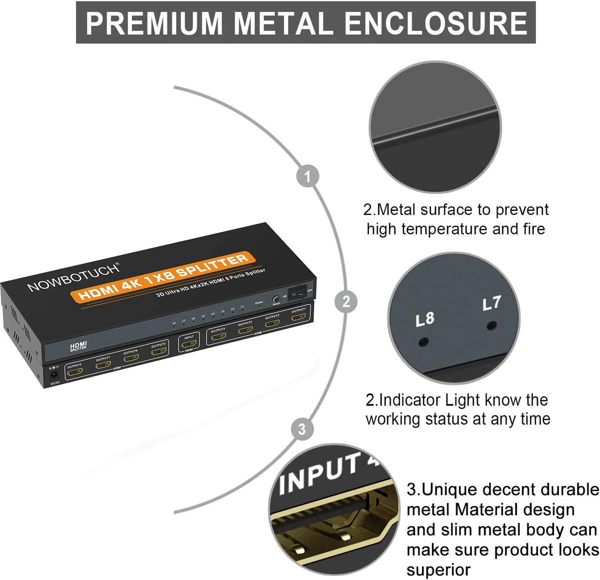 1x8 HDMI Splitter 8 Port 1 in 8 Out HDMI Switch 1 Port auf 8 HDMI Display Doppel- / spiegelbetriebener Splitter Ver 1.4 Zertifiziert für Full HD 1080P 3D-Unterstützung mit hoher Auflösung