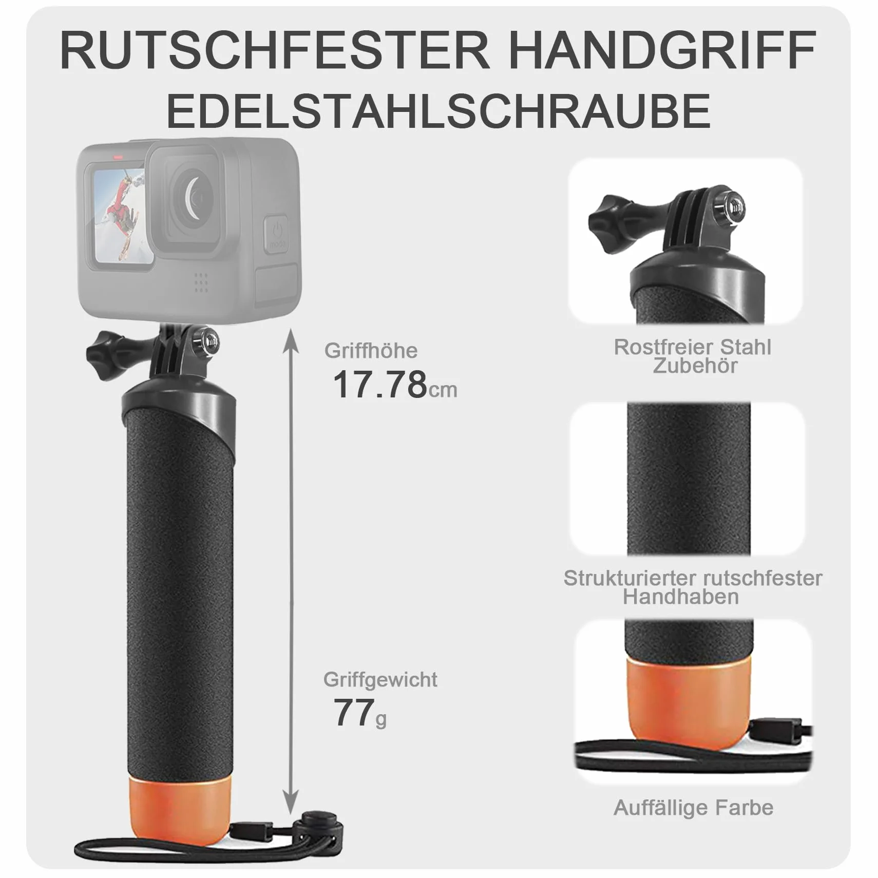 FitStill Wasserdichter Einbeinstativ Schwimmender Handgriff + Sicherheits-Handschlaufe, Seil für Go Pro Hero 13/12/11/10/9/8/7/6/5, DJI Osmo Action 5pro/4/3/2/1,Insta 360 X5/X4/X3/ace pro 2/ace pro