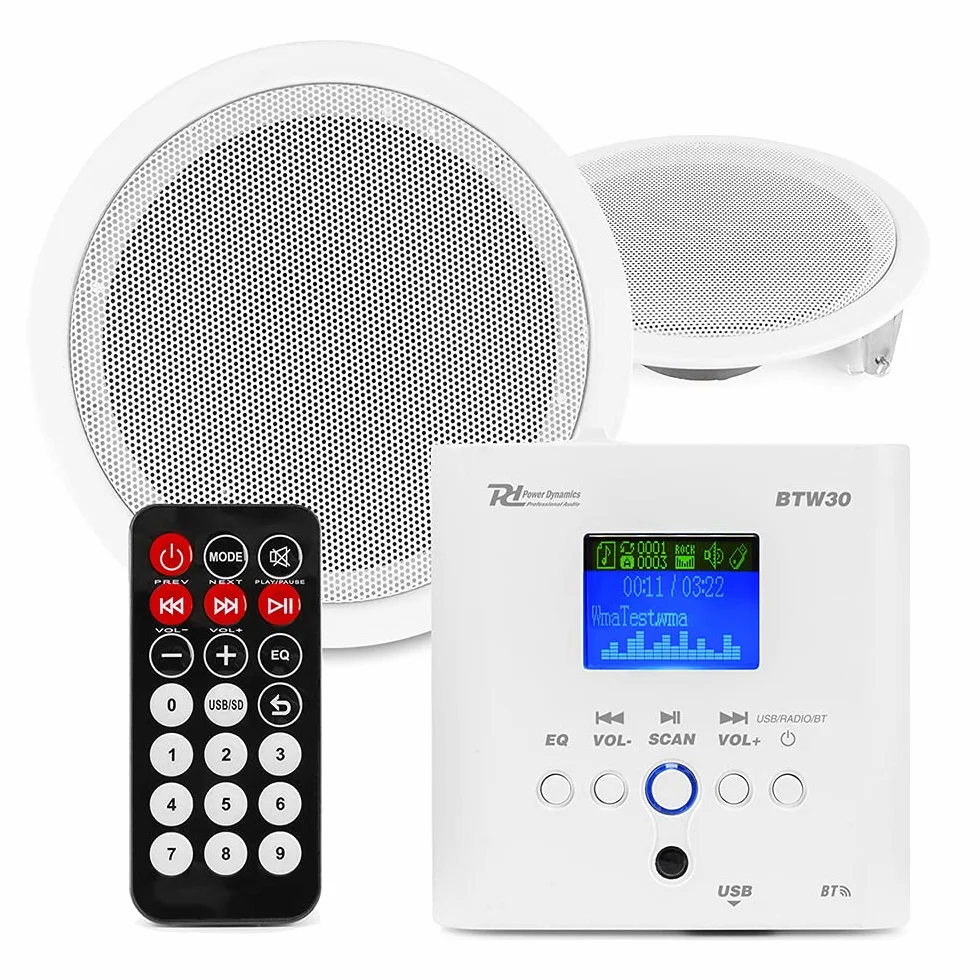Power Dynamics BTW30SET Wand-Audiosystem mit Zwei Deckenlautsprechern 15 W Weiß FM-Tuner USB-Port Verstärker Klasse D