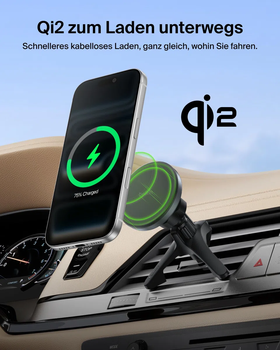 Belkin Kfz Ladegerät Kabellos, Handy Autohalterung mit Ladefunktion, MagSafe Kompatibel, USB-C-Kabel, Induktive Ladestation Auto für iPhone 17, Galaxy S25, Pixelsnap usw., Qi2 Schnellladen – Schwarz