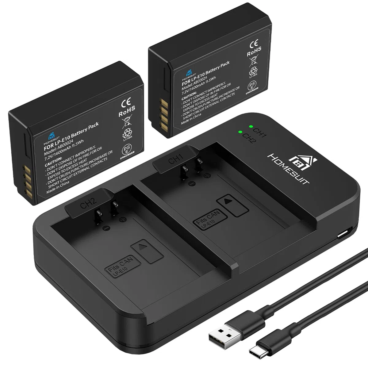 Homesuit LP-E10 Akku 1600mAh & Dual LED Ladegerät Kit für Canon EOS 1100D, EOS 1200D, EOS 1300D, EOS 2000D, EOS Rebel T3, T5, T6, T7, Kiss X50, Kiss X70 Kamera (2er-Pack)