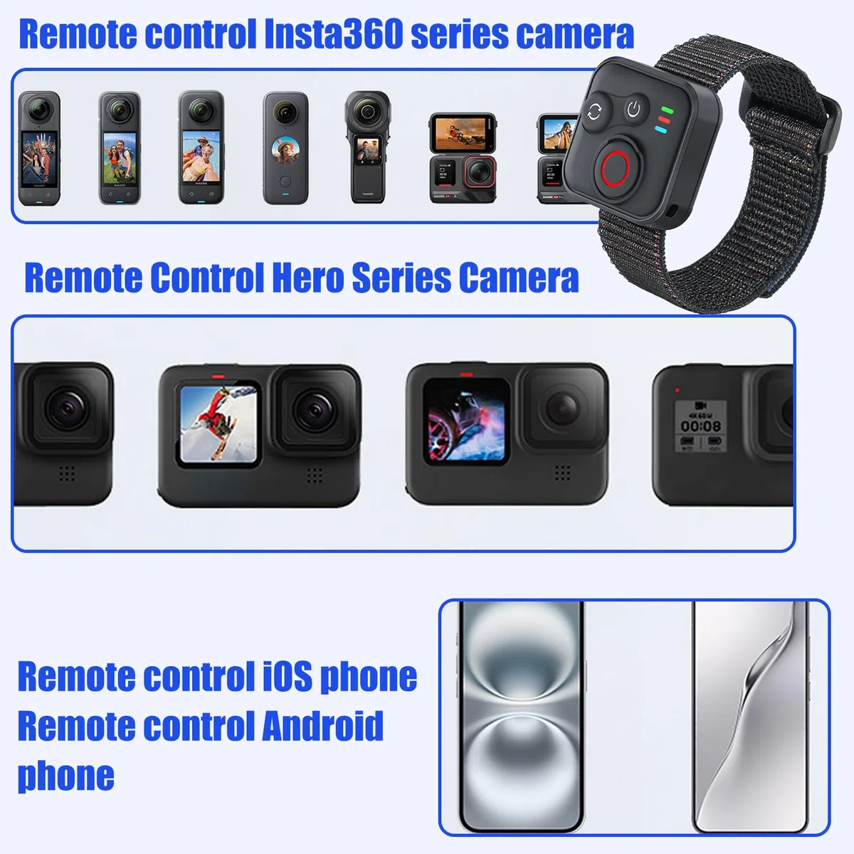 Bluetooth Fernbedienung für Insta360 X5/X4/X3/X2/ONE RS 1/Ace Pro/Ace Pro 2/A-ce/GO 3S/Hero 13/12/11/10/9/8/MAX/Mini/IOS/Android Smartphone Kameras Zubehör, 50m Reichweite, Wireless mit Handschlaufe