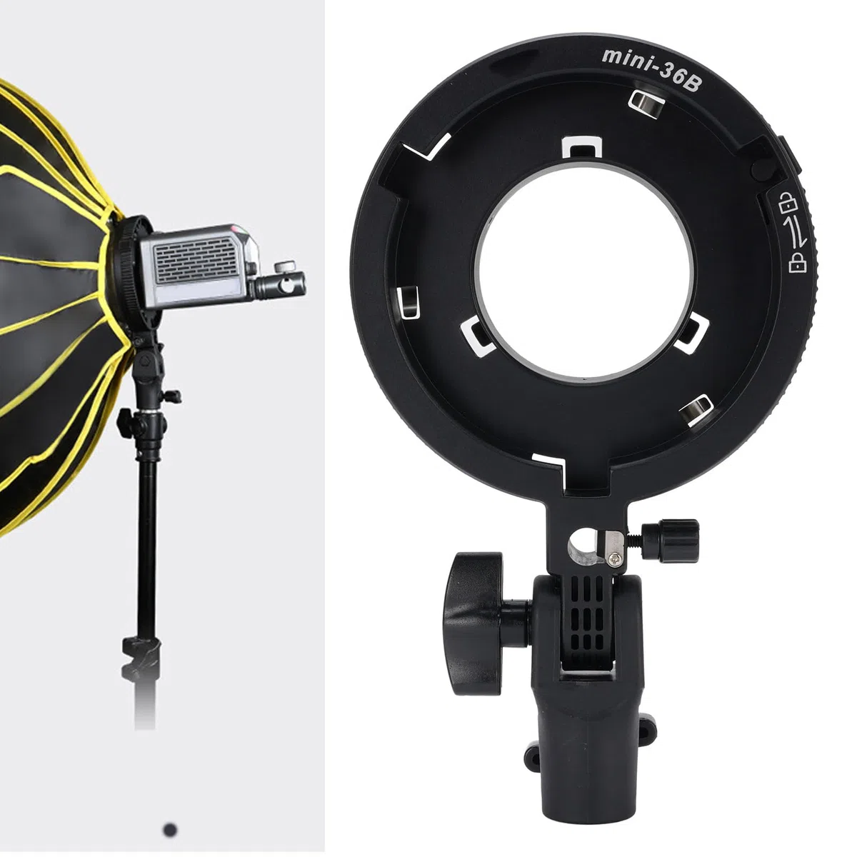 VBESTLIFE Bowens Mount Adapter Halter, BowensMini Bis Standard Bowens Mount -Adapterring mit Regenschirmbuchse, 180 Neigung, für LED -Leuchten