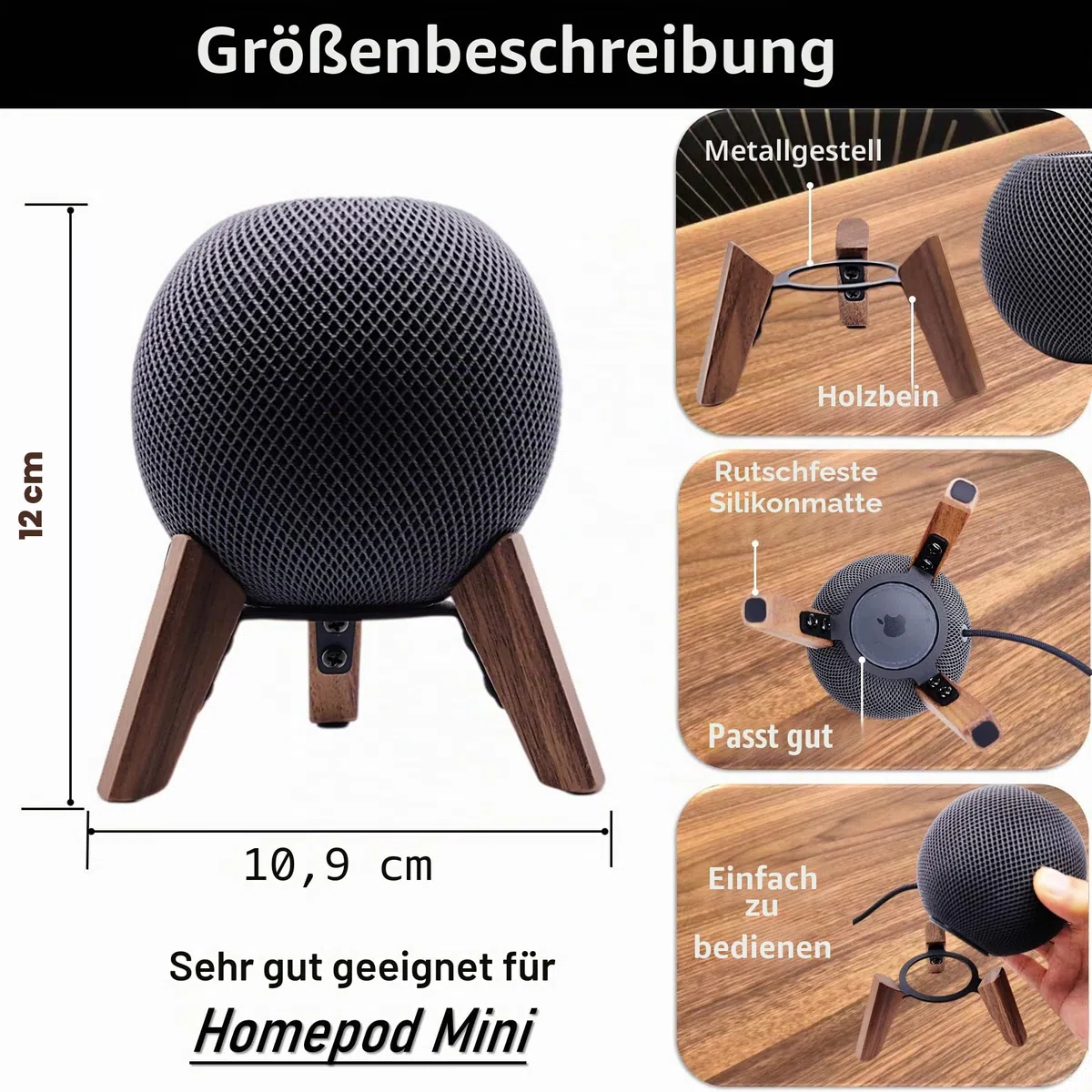 Echtholz ständer für Homepod Mini 2020, Sicheres Stativhalter Zubehör, Stabile Holzhalterung schützt Home Pod Mini Smart Lautsprecher (Nussbaum)