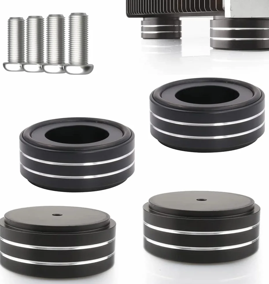 4 Stück Aluminium Füße 58mmx22mm Absorber Lautsprecher Schwingungsdämpfer High End Lautsprecher Füße HiFi Absorber Füße Mit 4 Schrauben und Anti-Rutsch-Ringen (Black)