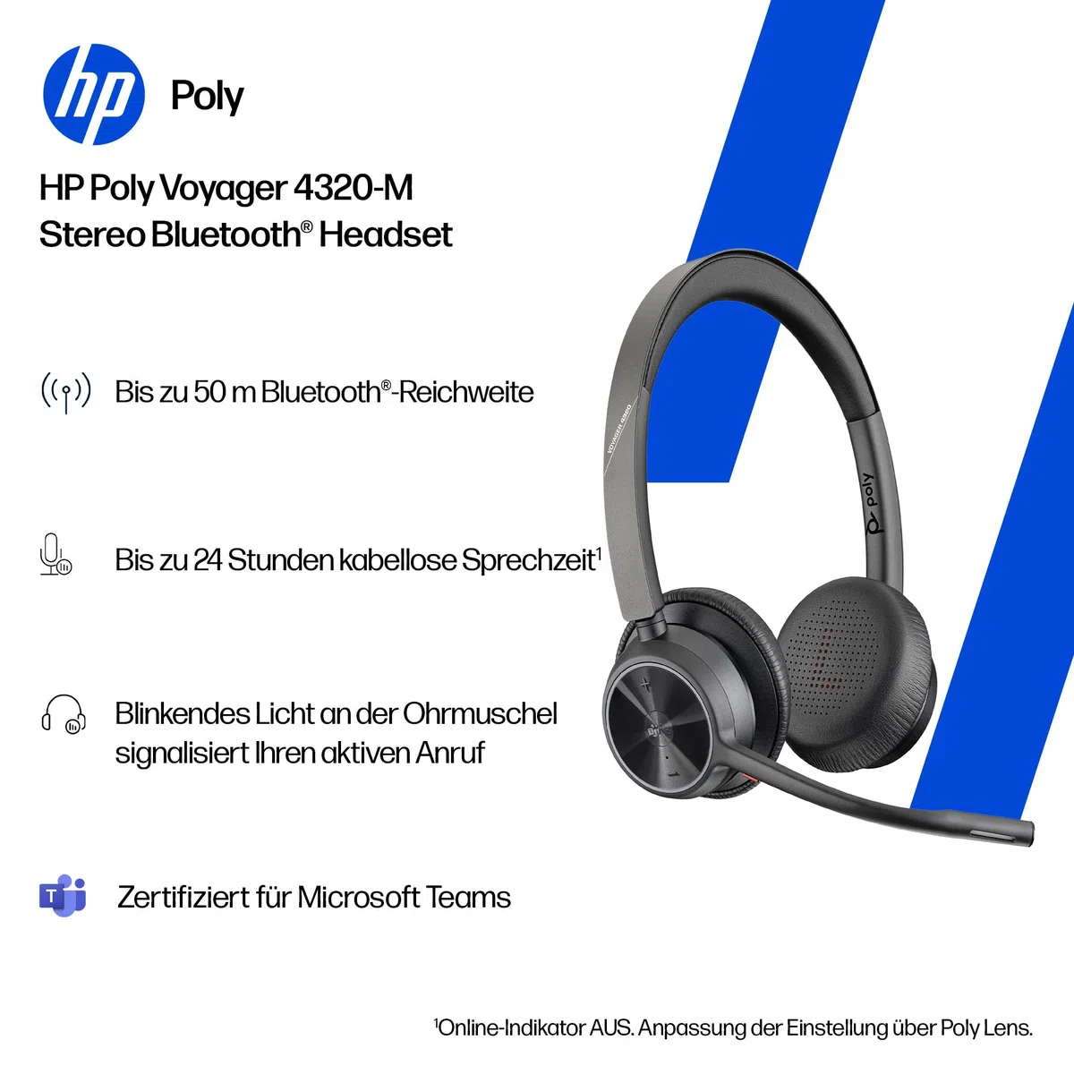 Poly Voyager 4320 UC schnurloses Headset, Stereo-Kopfhörer mit Noise Cancelling-Mikrofonarm, Verbindung mit PC/Mac/Mobiltelefon über Bluetooth, Kompatibel mit Teams (zertifiziert), Zoom und andere