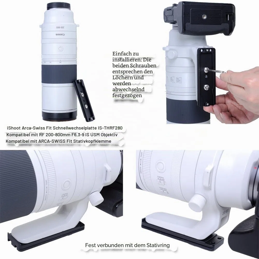 iShoot Arca-Swiss Fit Kamera-Schnellwechselplatte, kompatibel mit Canon RF 200–800 mm F6.3–9 IS USM Stativhalterung, Ringobjektiv-Kragen-Halterung, verwendet für Arca-Fit-Stativkopfklemme