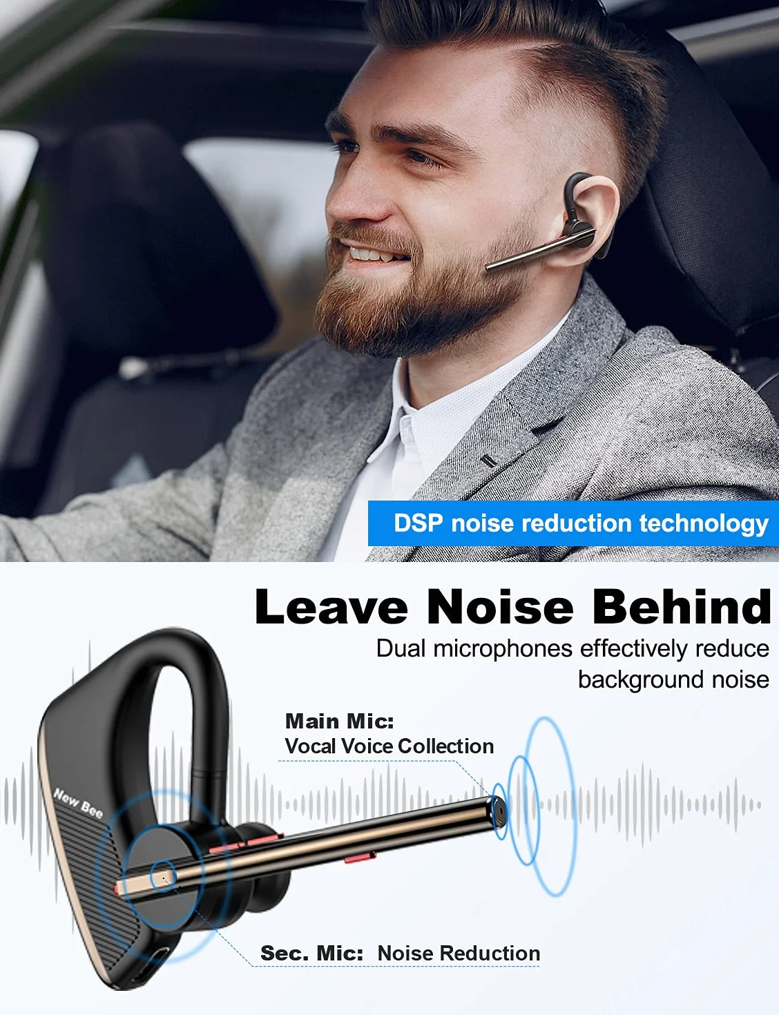 New bee Bluetooth Headset mit Mikrofon Bluetooth V5.2 Wireless Headset 24Hrs Sprechzeit CVC8.0 Dual Mic Noise Cancelling für iPhone/Android/Fahrer/Business/Büro