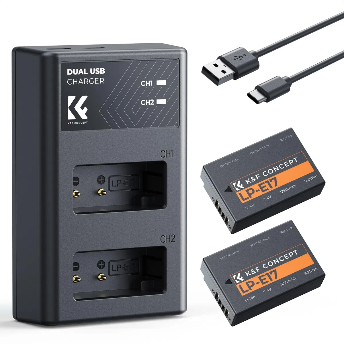 K&F CONCEPT LP-E17 Kameraakkus Ladegerät 1250mAh,Batterie Ladeset für Canon EOS RP,Rebel T8i,T7i,T6i,T6s,SL2,SL3,EOS M3,M5,M6 Mark II,77D,200D,750D,760D,800D Powershot V1