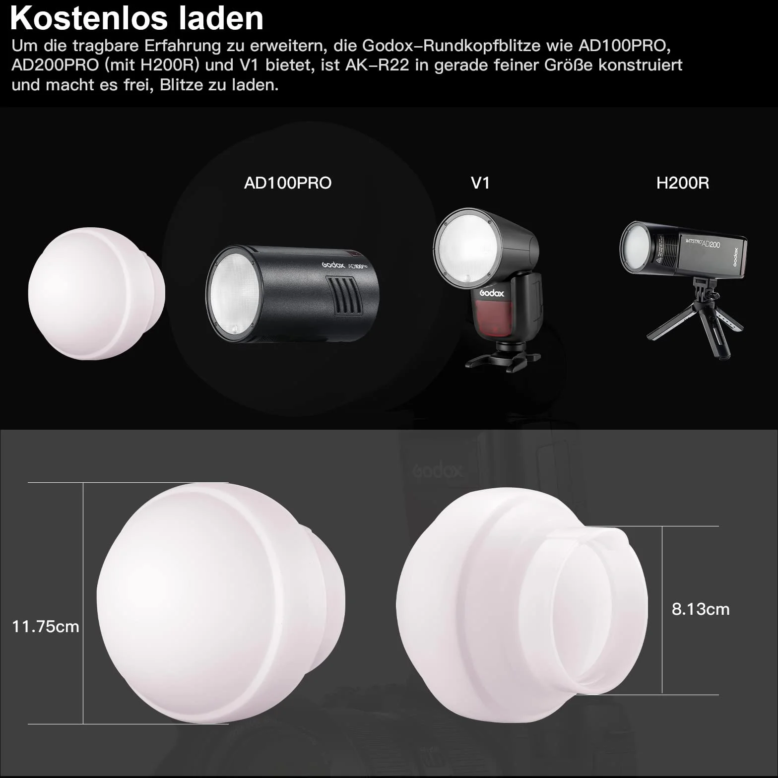 Godox AK-R22 Diffusion Dome,Zusammenklappbarer Lichtformer aus Silikonmaterial,für Rundkopfblitze Godox AD100PRO,AD200PRO (mit H200R),Diffusionskuppel für V1 Kamerablitzserie