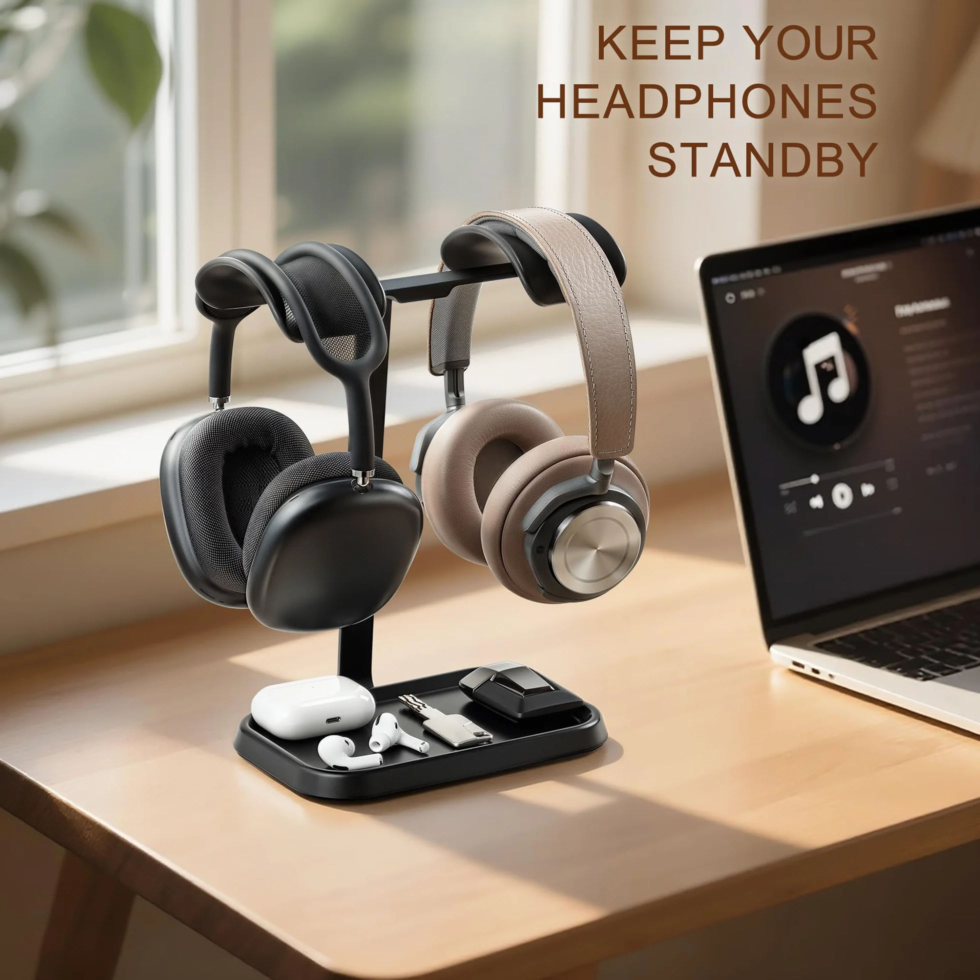 Doppel Kopfhörer Ständer, Stabiler Doppel Headset Halterung mit Ablagefach, Schwere Basis Gaming Kopfhörer Halter mit für Schreibtisch (Schwarz)