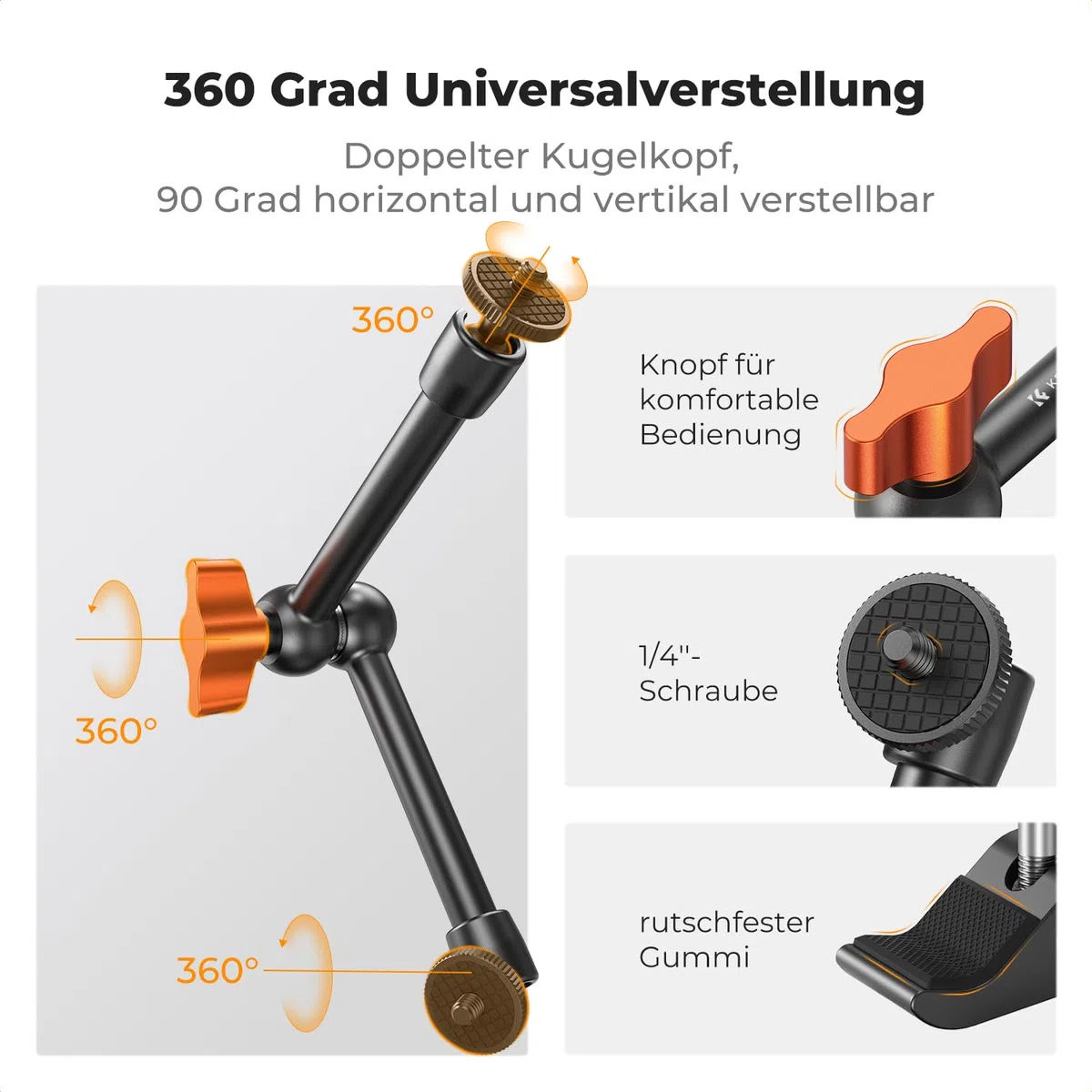 K&F CONCEPT 9,8 Zoll Magic Arm mit Super Clamp, Kamera Halterung für Käfig Monitor LED Licht Action-Kamera, 2 KG Belastung