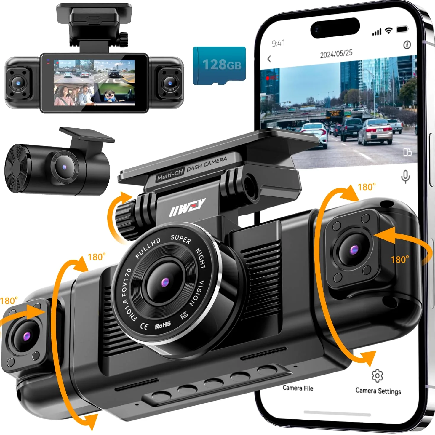 IIWEY N5 Dashcam 4-Kanal 360° Kamera für Auto 1080P Nachtsicht G-Sensor Parkmodus 5G WLAN App 128GB SD-Karte