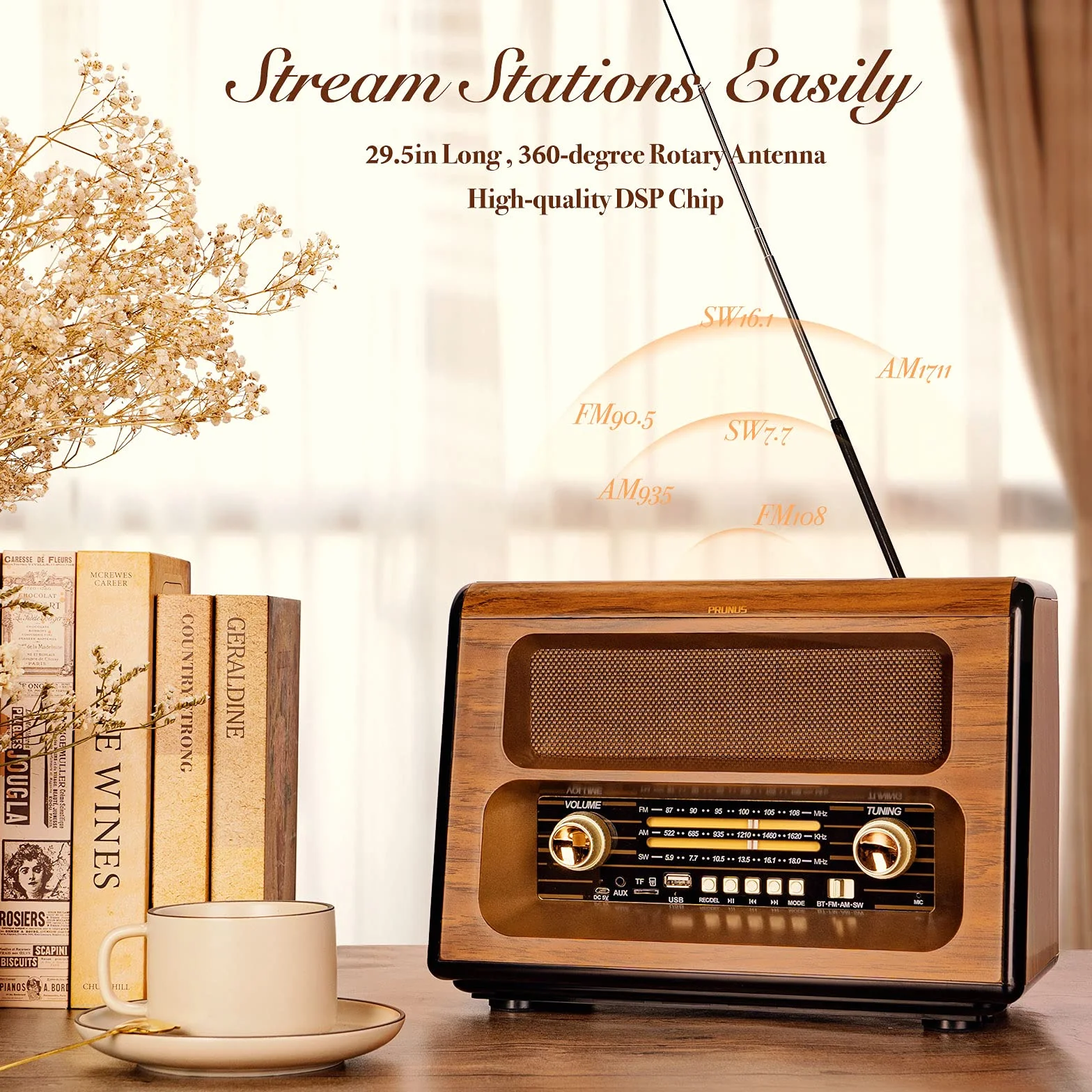 PRUNUS J-199 Retro Radio Bluetooth, AM/FM/SW Nostalgie Radio mit 3-Wege-Stromversorgung - Akku, Batterie oder Steckdose, unterstützt USB/TF