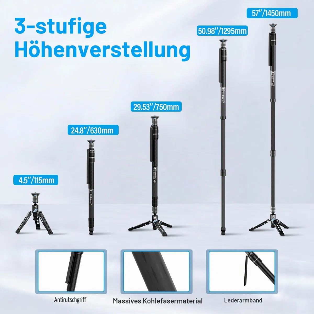 SIRUI SVM-145 Carbon Fiber Monopod mit Rapid System | 3-in-1 Modulares Einbeinstativ, 145cm, 10kg Traglast | Schnellverstellung & Schnellwechsel für DSLR & Video