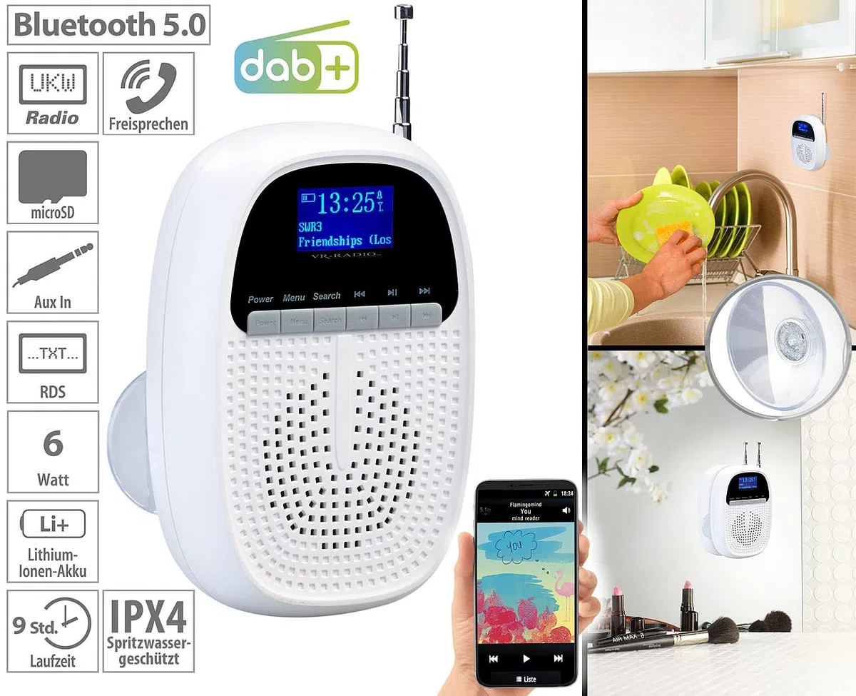 VR-Radio Badradio mit Uhr: Badezimmer-Akku-Radio mit DAB+/FM, Bluetooth, Versandrückläufer (Badezimmer Radio mit Uhr, Duschradio mit, Freisprecheinrichtung)