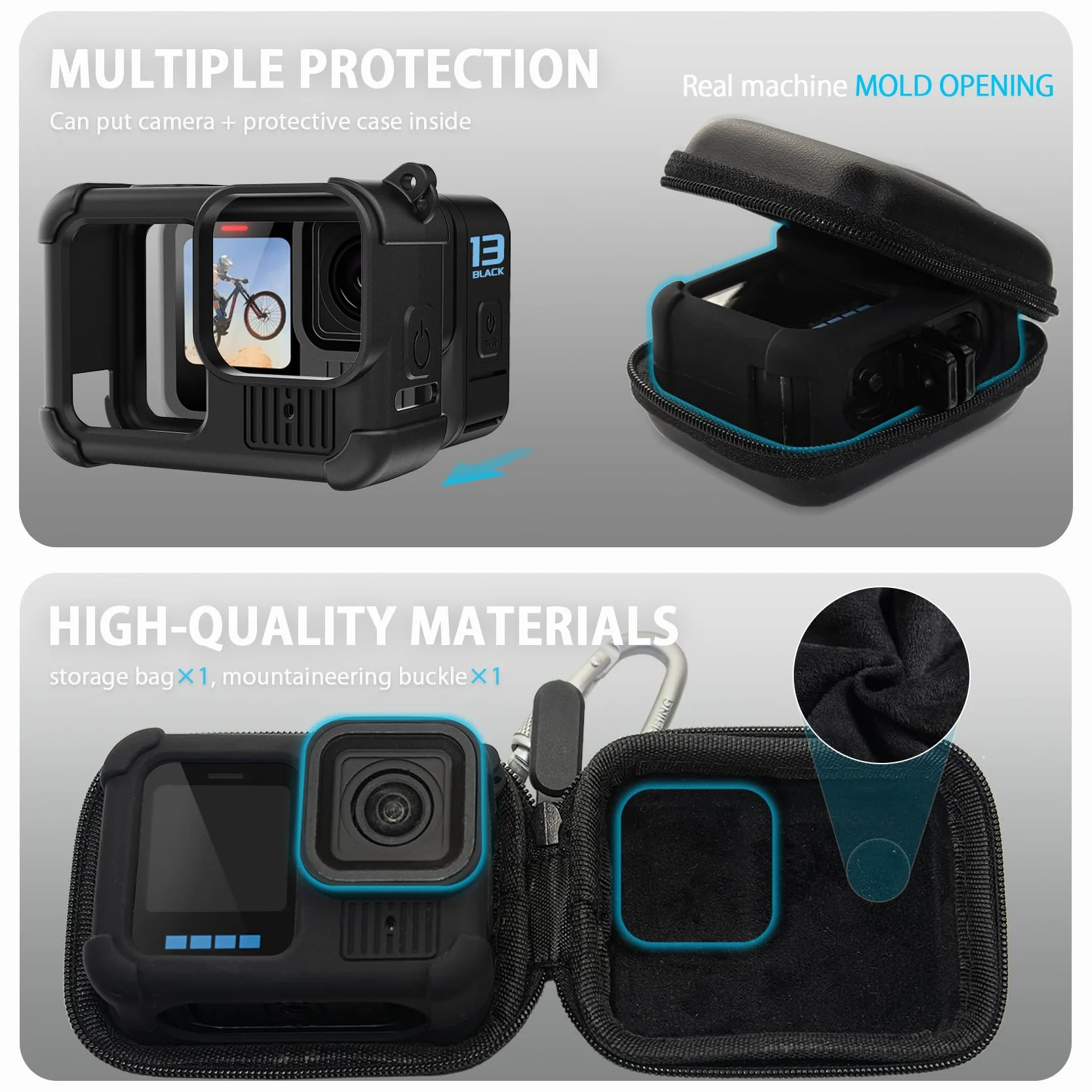FitStill Schutz-Aufbewahrungsset für Go Pro Hero 13 schwarz, PU-Mini-Tragetasche, Silikon-Schutzhülle austauschbare Akku-Seitenabdeckung & Displayschutz & Objektivdeckel & Trageband für Hero13-Zubehör
