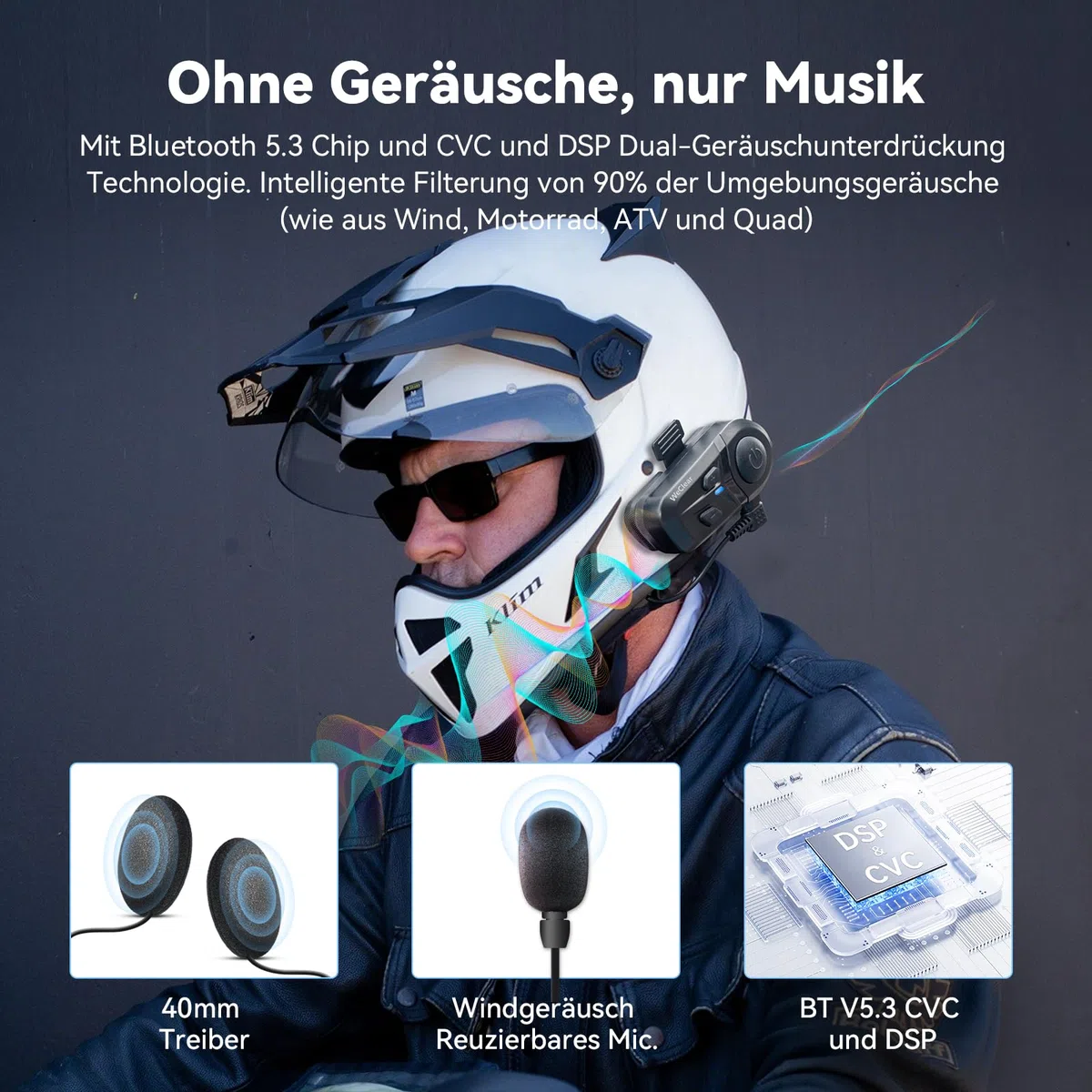 L1 Motorradhelm Headset, Helm Bluetooth Kopfhörer mit Sprachassistent, Geräuschunterdrückung Bluetooth-Headset, 40mm HiFi Lautsprecher, IP67 Wasserdicht
