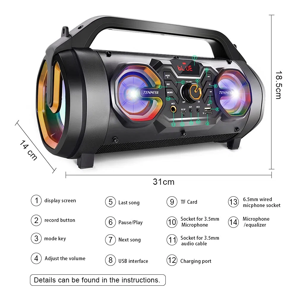 TENMIYA Bluetooth Lautsprecher 30W mit FM Radio, Subwoofer, USB, Bunte Licht, 10H Akku Box für Party, Outdoor