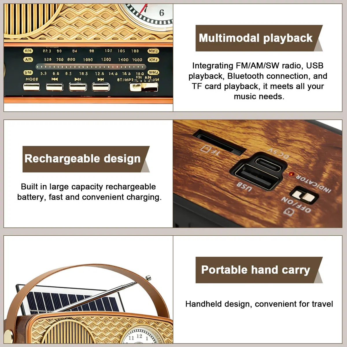 Retro Radio AM/FM/SW Radio Tragbar Klein, VintageRadio Betrieben Akku solarradio mit Solarpanel, Küchenradio Kofferradio mit Bluetooth Lautsprecher Unterstützt USB/TF Funktion Uhrfunktion