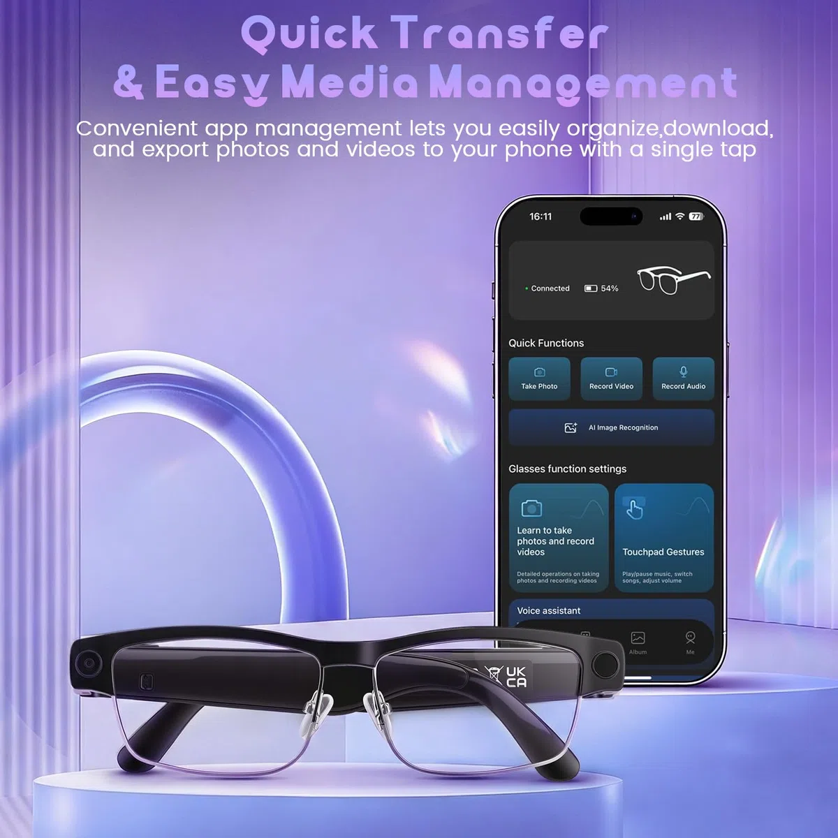 AI Smart Glasses, Intelligente Brille mit 8MP HD-Kamera, Echtzeit-Übersetzung, Objekterkennung, Sprachsteuerung, Open-Ear Audio, 300mAh Akku, Ultra-leicht für Reisen, Arbeit & Alltag
