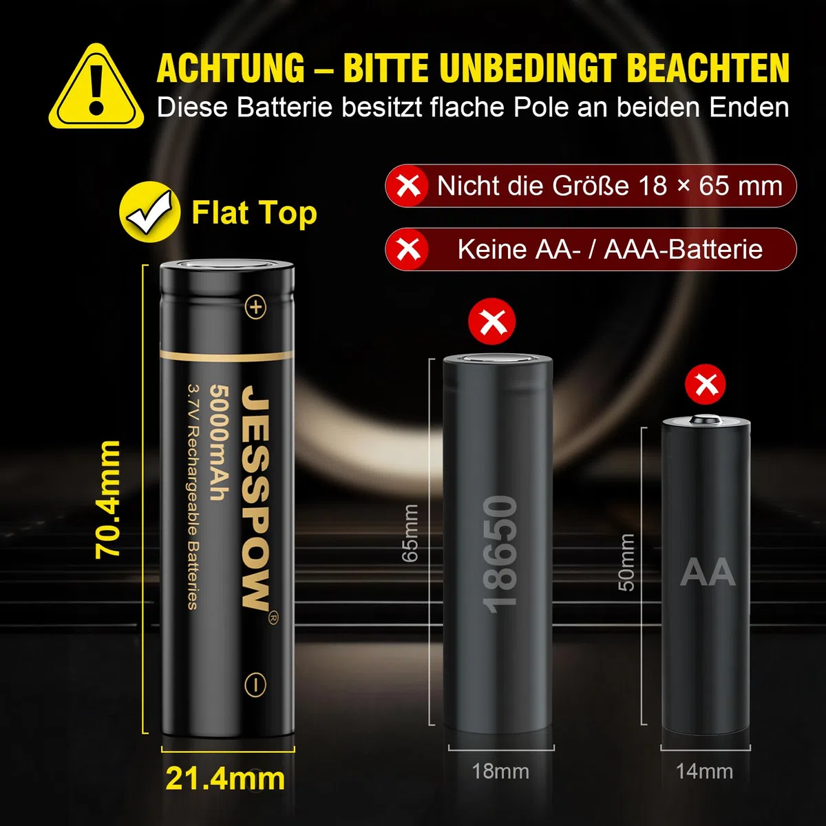 3,7 Volt 21 x 70 wiederaufladbare Akku 2 Stück, Flat-Top 3.7 V Batterie Lange Lebensdauer, für Taschenlampen, Stirnlampen (21 x 70 mm)