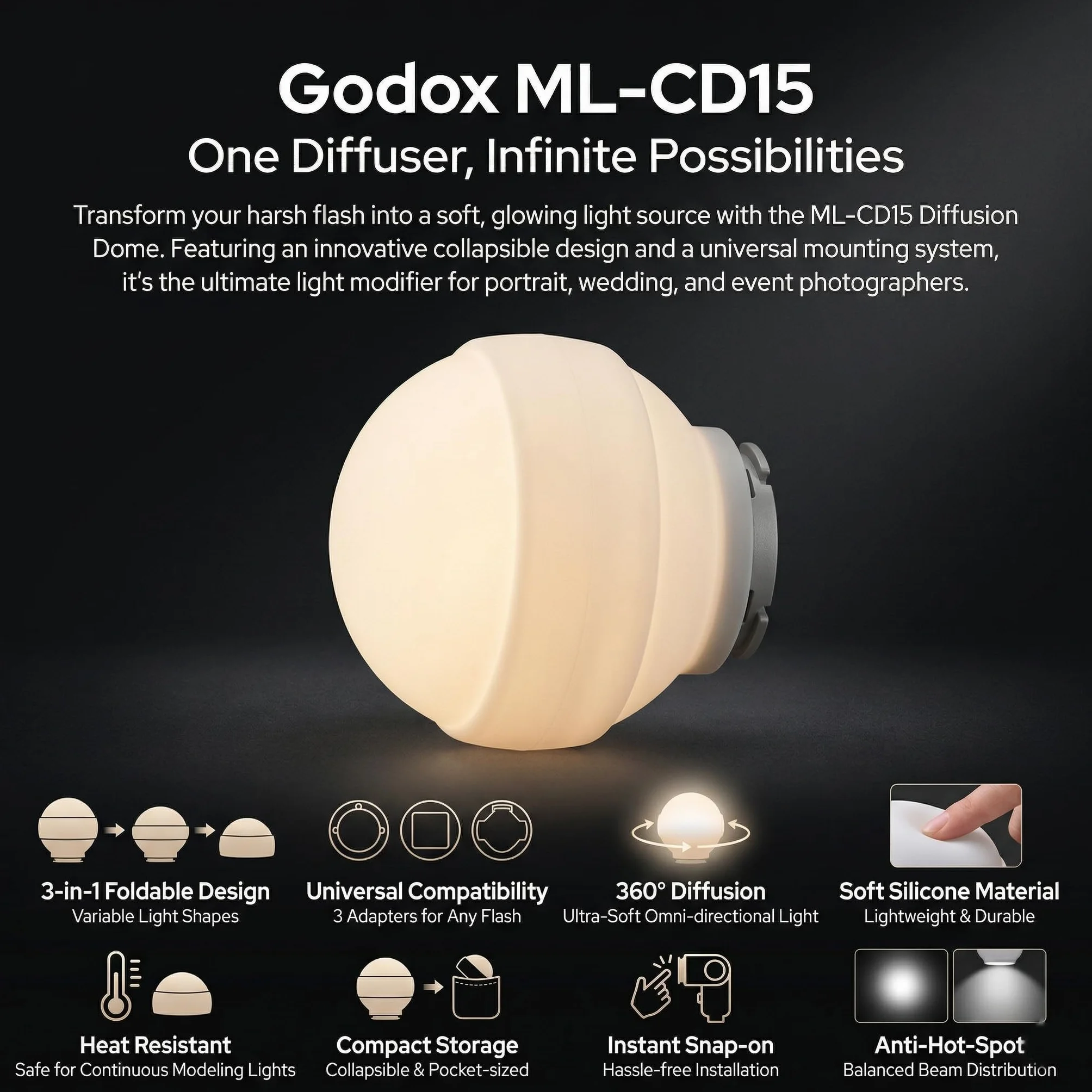 Godox ML-CD15 Soft Dome Diffuser Kit mit 3 Adaptern, kompatibel mit Godox V100, V1 Pro, AD200Pro II, AD100Pro, AD300Pro, AD400Pro, V860III, ML30, ML30Bi, ML100Bi, ML100R, ML60Bi, ML60IIBi und mehr