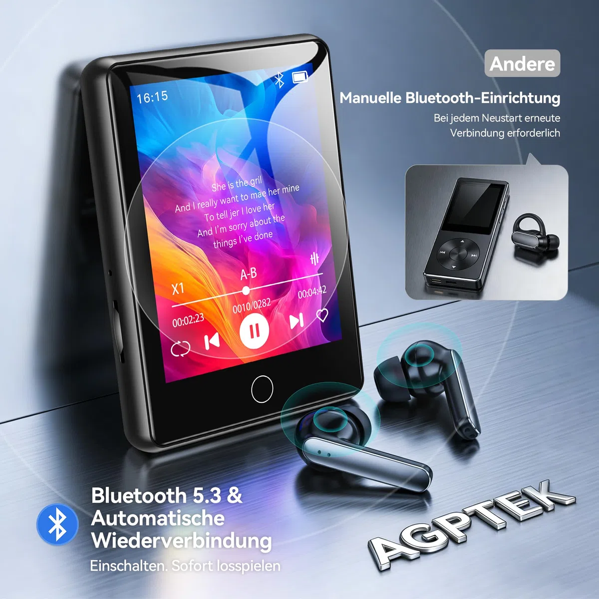 AGPTEK 64 GB MP3 Player Bluetooth 5.3, 2,8 Zoll Full-Touchscreen Musik Player, 60 Stunden Tragbarer HiFi Kinder MP3-Player mit Lautsprecher, FM-Radio, E-Book, Unterstützung bis zu 128 GB, Schwarz
