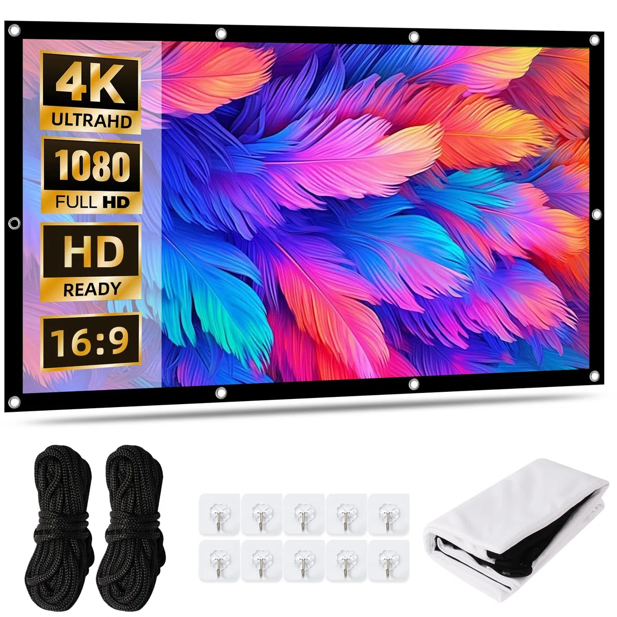 Leinwand Beamer 100 Zoll, 16:9 4K HD Projektionsleinwand aus verdickter Milchseide, tragbare Beamer Leinwand mit 10 Haken & 2 Bindeseilen, für Heimkino, Büro, Schule, Party und Outdoor