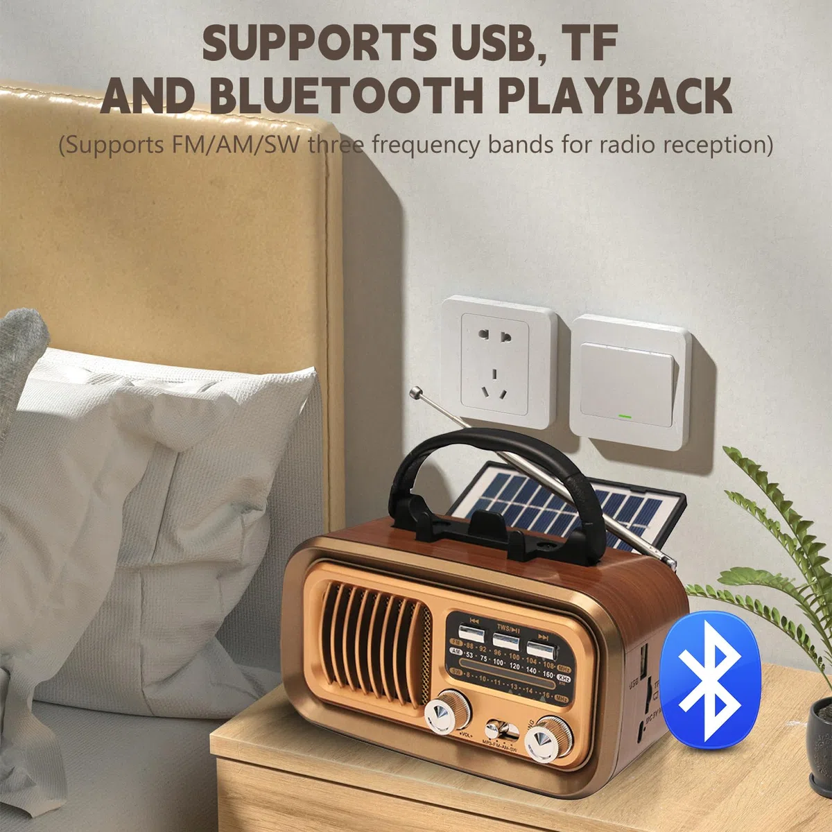 Tragbar Retro Radio mit Bluetooth, AM/FM/SW Solar Kofferradio Batteriebetrieb/D-Zellen Betrieb, Lautsprecher Küchenradio mit Solarpanel Handyständer Unterstützt USB/TF-Karte Vintage Radio(Gold)