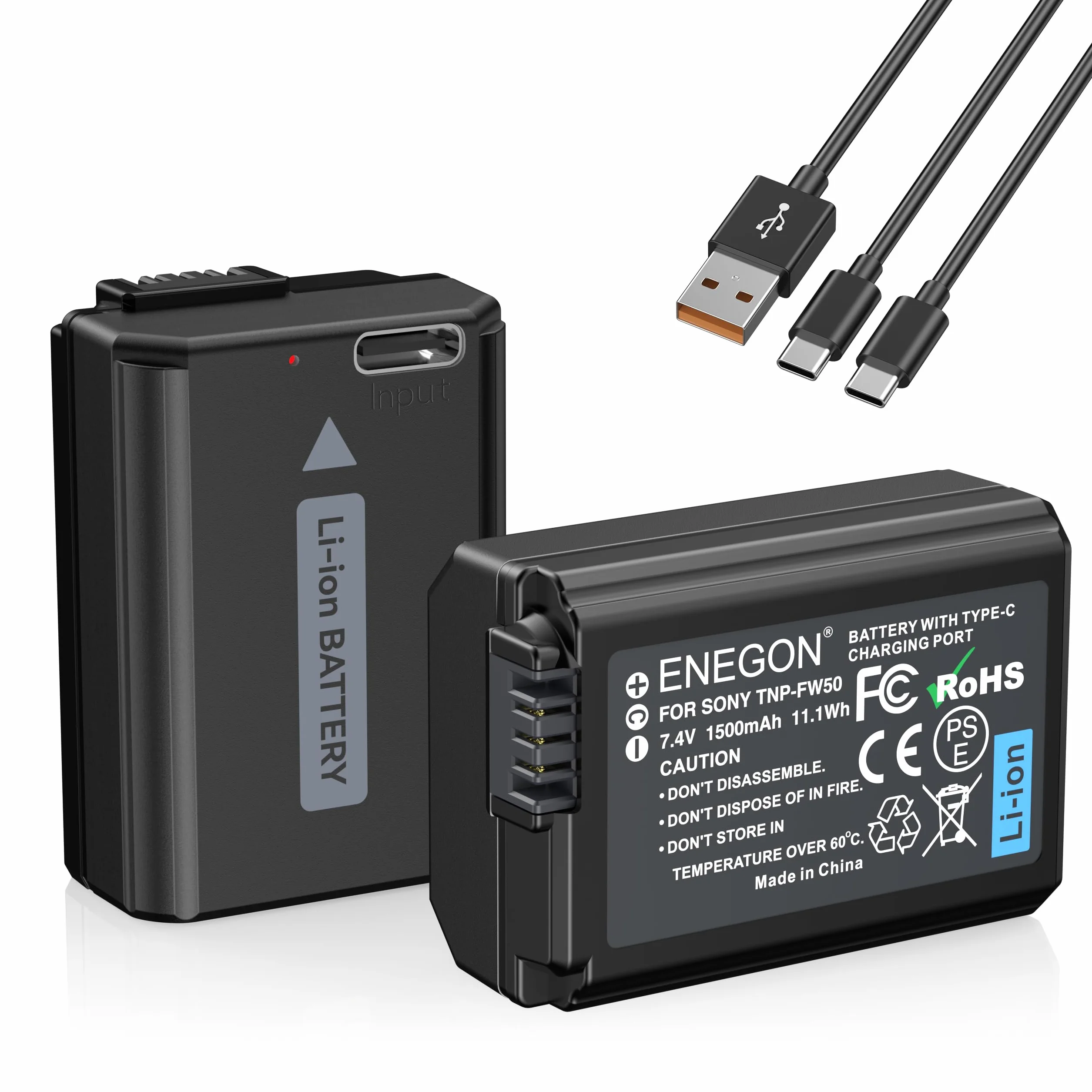 ENEGON NP-FW50 Direktlade-Ersatzbatterien 1500mAh (2er-Pack) mit 2-in-1-USB-C-Ladekabel für Sony ZV-E10,NEX 3/5/7&SLT-A Serie,Sony A7, A7SII, A7R, A7RII,A3000,A6000,A6500,A6300,A6400 A55,A5100,RX10II