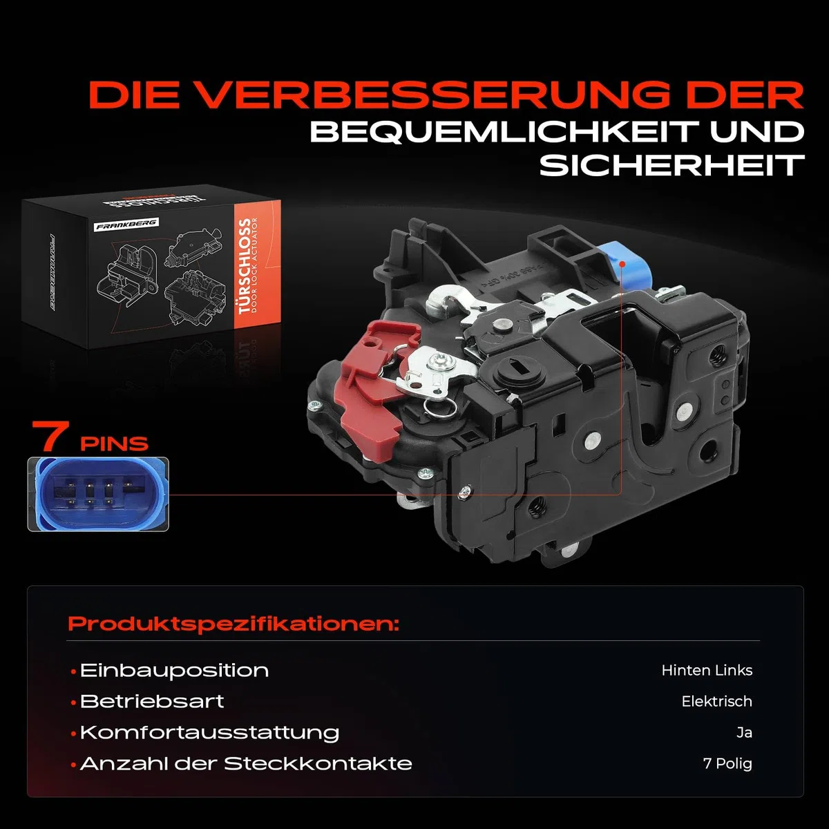 Frankberg Türschloss Stellmotor Hinten Links 7-Polig Kompatibel mit Golf Plus 521 5M1 2004-2013 Golf V 1K1 2003-2009 J.e.t.t.a III 1K2 2007-2010 T.o.u.r.a.n 1T1 1T2 2003-2010 Replace# 3D4839015A