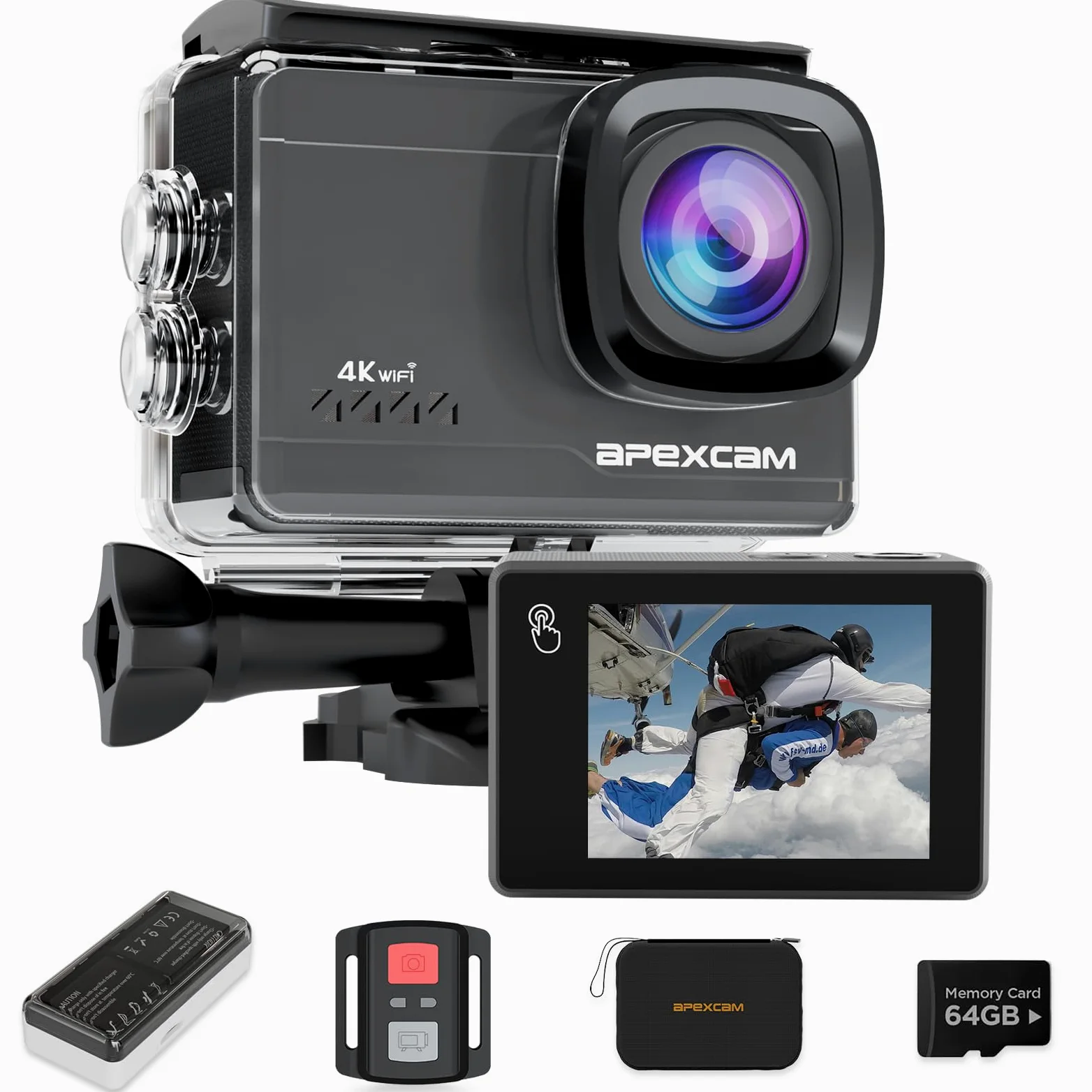 Apexcam M90 Action Cam 4K60FPS 64MP WLAN EIS Bildstabilisierung Sportkamera 40m Wasserdicht 8X Zoom 2.4G Fernbedienung 2x1350mAh Akkus