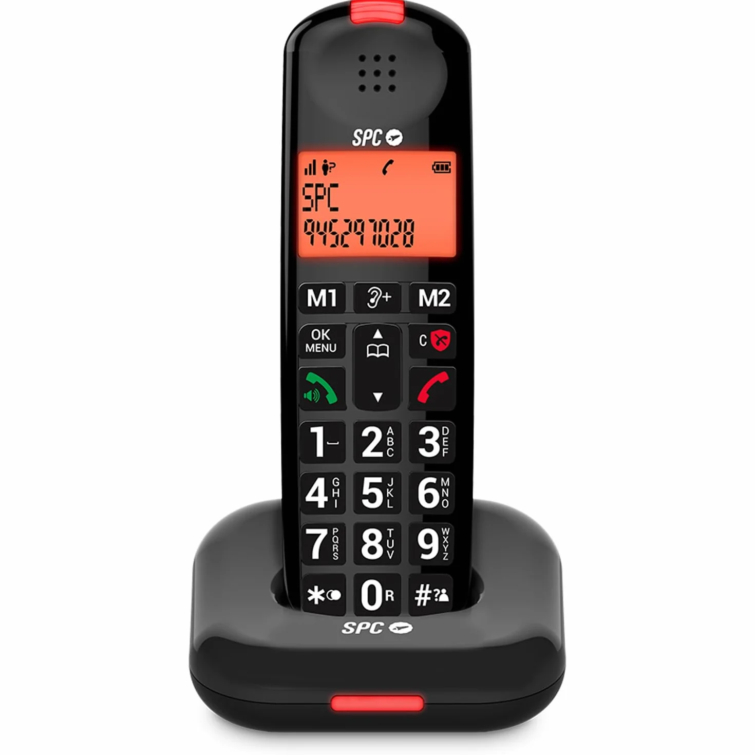 SPC Comfort Kairo - Schnurloses Telefon für Senioren mit großen Tasten, verstärktem Ton, hörgerätekompatibel, Anrufsperre, Lichtsignal und 2 Direktspeichern – Schwarz