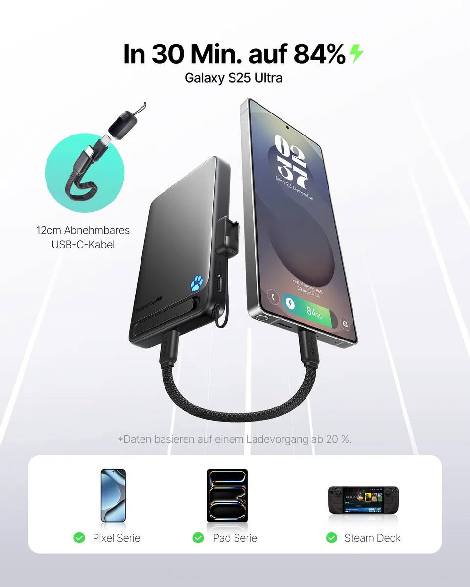 INIU Ultra-schlank 10000mAh Power Bank für MagSafe, Original Qi2-zertif. Wireless Fast Charging für iPhone 17-12 Serie, 45W Externe Akku mit USB C Kabel & Ständer, Reise Essential Magnetische Batterie