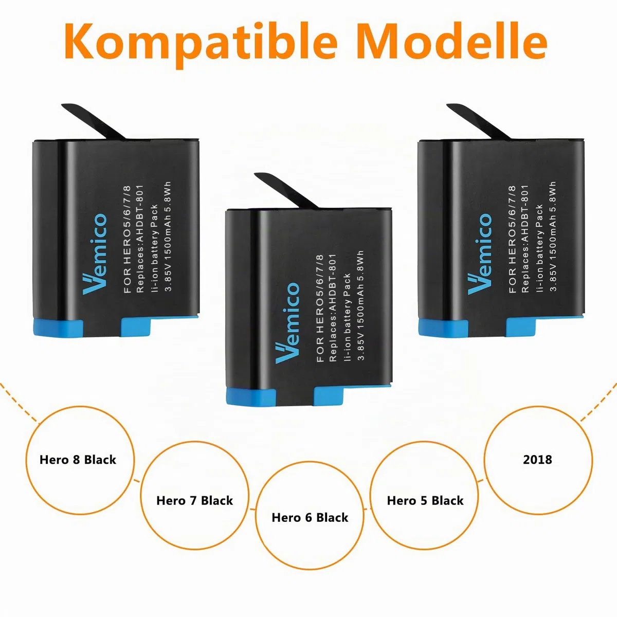 Vemico Hero 8 Akku Ladegerät Kit 3 Pack 1500 mAh ErsatzAkku 3 Kanal Ladebox Typ-C USB Mit Einem Schutzdeckel Ladegerät für Hero 8/Hero 7/Hero 6/Hero 5/AHDBT-801 (Vollkompatibel mit Orginal)