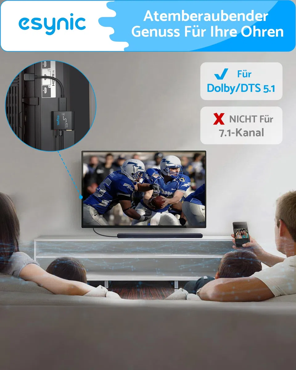 eSynic HDMI zu HDMI Audio Extractor 4K Optisch Splitter Adapter mit Optischer Audioausgang für Fire TV Stick Spezieller Fernsehkonverter 5.1 DTS Soundbar Konverter Ohne ARC/eARC Plug & Play