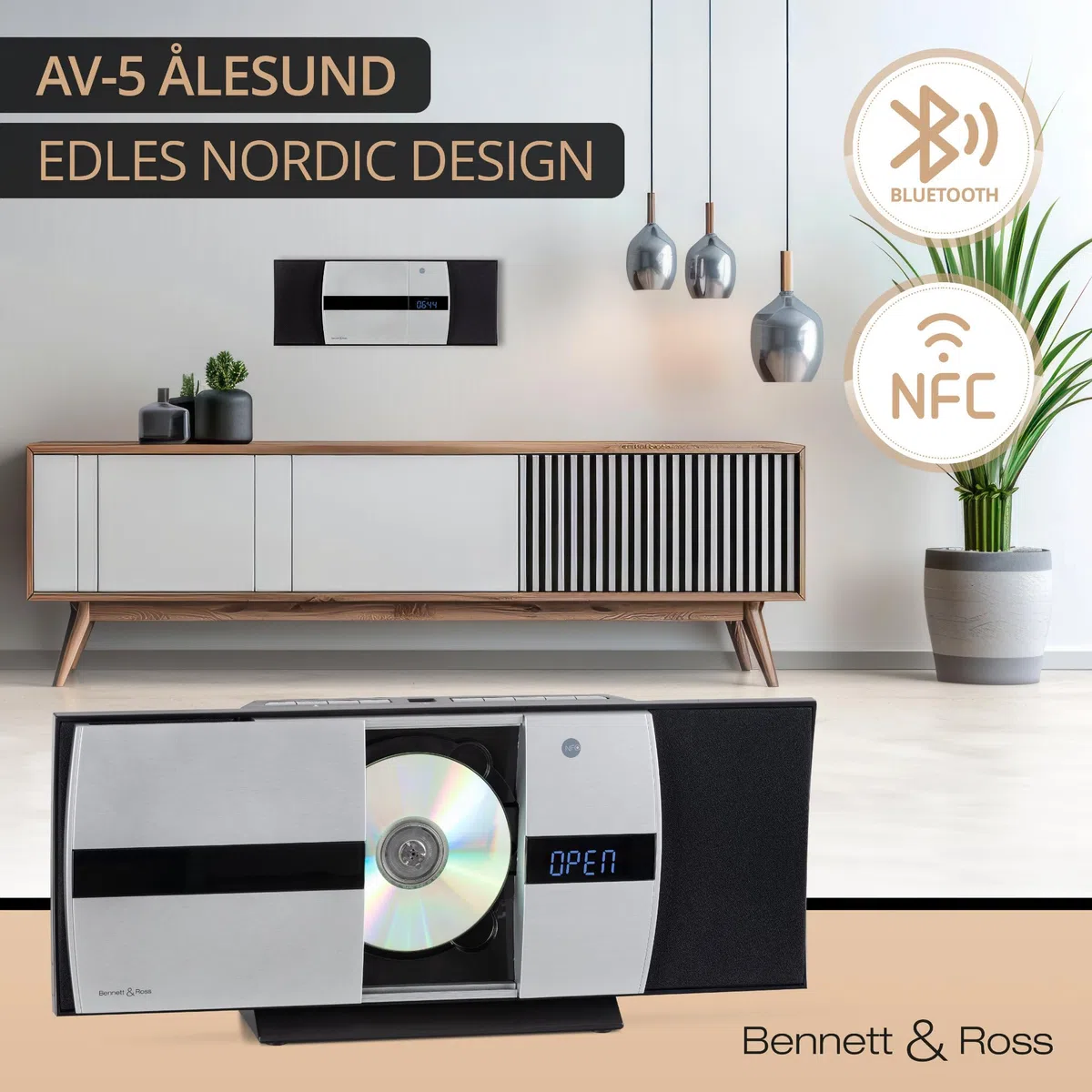Bennett & Ross Ålesund Vertikal Stereoanlage - HiFi Microanlage mit CD-Player, MP3, UKW-Funktion, USB und Bluetooth mit NFC - Standaufstellung oder Wandmontage - Fernbedienung - Silber