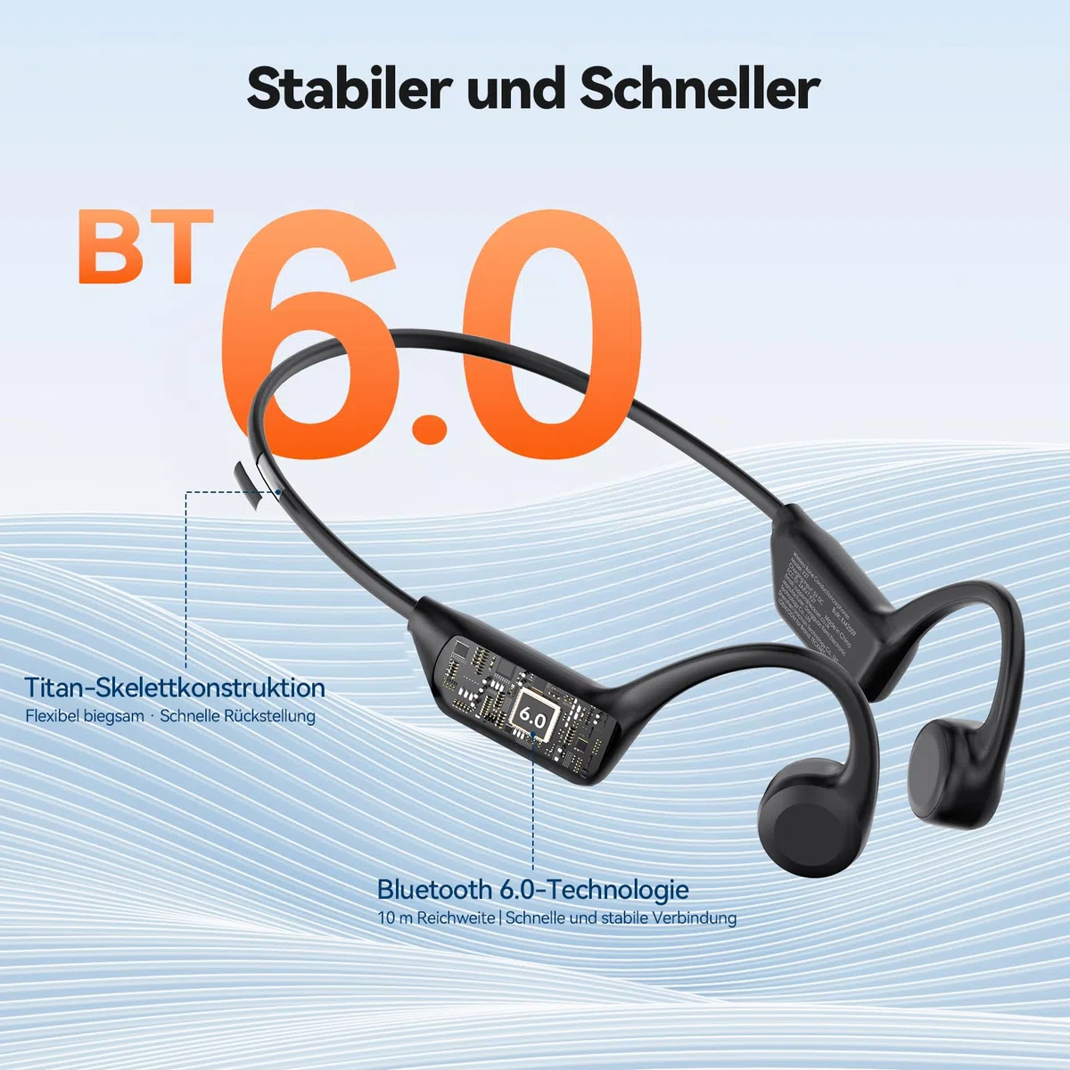 TECKNET Knochenschall Kopfhörer Bluetooth, Bone Conduction Headphones mit Mikrofon, Open Ear Sport Kopfhörer für Fahrrad Laufen, IPX5 Wasserdicht, 10H Akku, Knochenleitungskopfhörer, Schwarz