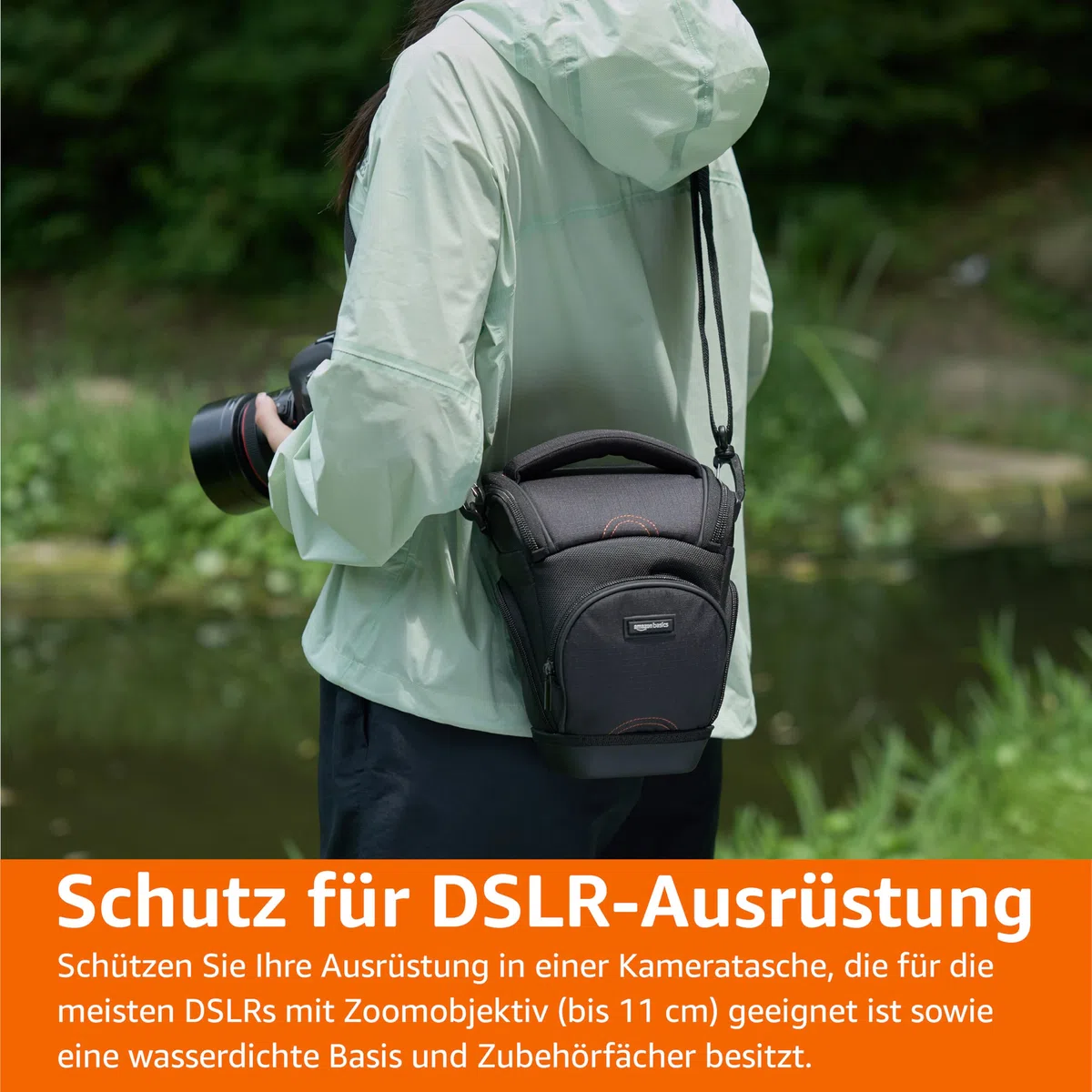 Amazon Basics Holster SLR Schultertasche für Kamera-Körper und Objektiv, Abnehmbarer Gurt, wasserdicht, stoßfest, gepolstert, Einfarbig, Zubehörtasche - Schwarz
