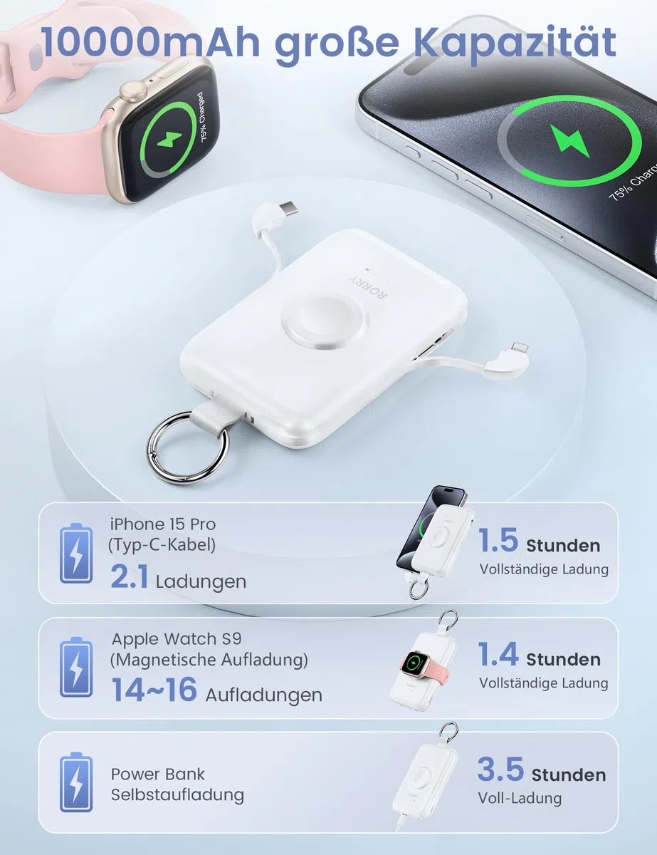 RORRY Power Bank, 10000mAh Powerbank Schnellladefunktion PD 20W mit Integriertem Kabel, Reise Portable Charger Externe Handyakkus für iPhone 17/16/15/14 and Apple Watch Ultra 11/10/9/8/7/SE, Weiß