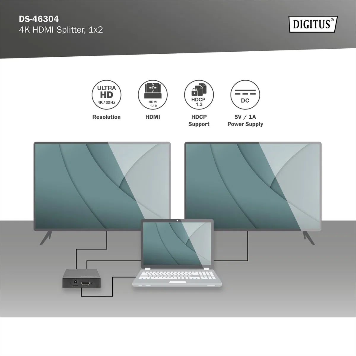 DIGITUS HDMI Splitter 1x2 – In 1-Port, Out 2-Port – UHD 4K 30Hz | HDCP 1.3 – DTS Digital, Dolby Digital, DTS-HD, Dolby True HD, DSD Audio, HD/HBR