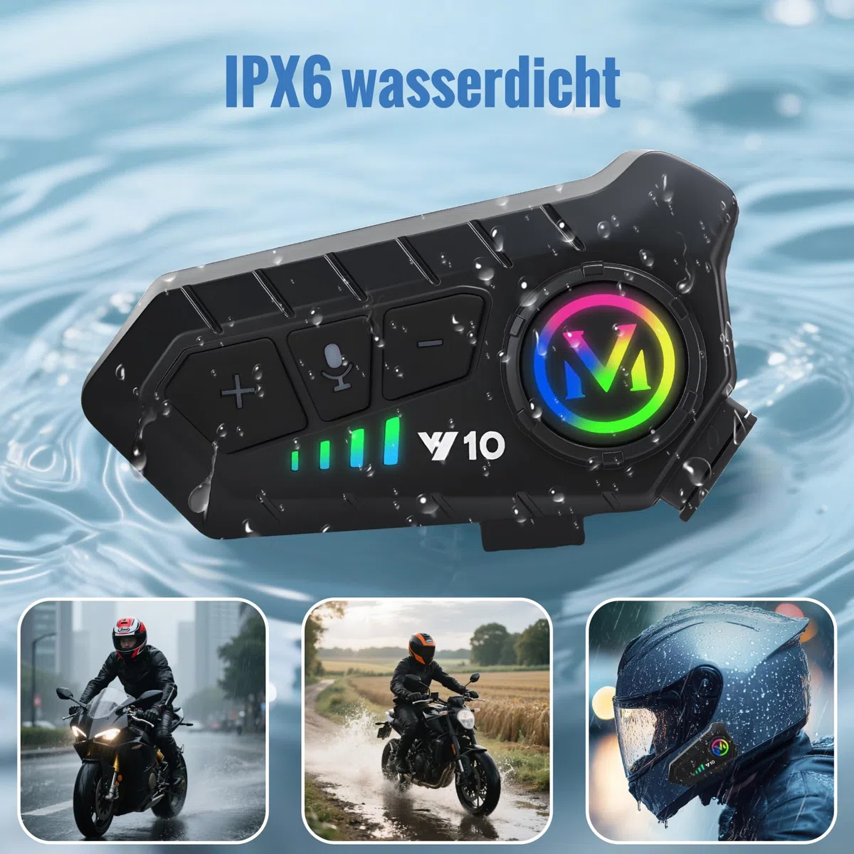 Motorradhelm Bluetooth Headset, Y10 Motorrad Helm Headset mit Sprachassistent, Automatische Beantwortung und Doppelte Geräuschabsparung, für Motorradfahren Skifahren Radfahren
