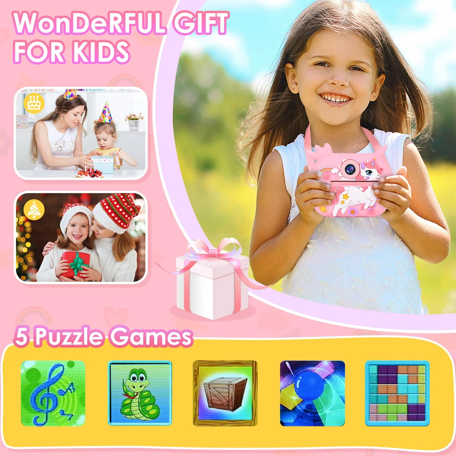 Sofortbildkamera, 2,4 Zoll (6,1 cm) Display, Digitalkamera für Kinder, Videokamera mit Druckpapier und Karte 32 GB farbige Stifte, Weihnachten, Geburtstag, Geschenk für Kinder 3 – 10 Jahre (Rosa)