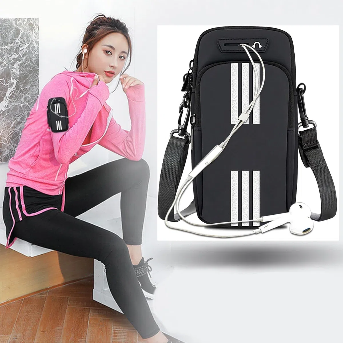 Armband Armtasche, Sport Laufen Doppel Reißverschluss Sportarmband, Leichtes Armband-Bügel-Halter-Beutel, Bequeme Handy-Armband-Hülle, Sport-Handy-Armband-Halter-Bügel, Radfahren Armtasche (Schwarz)