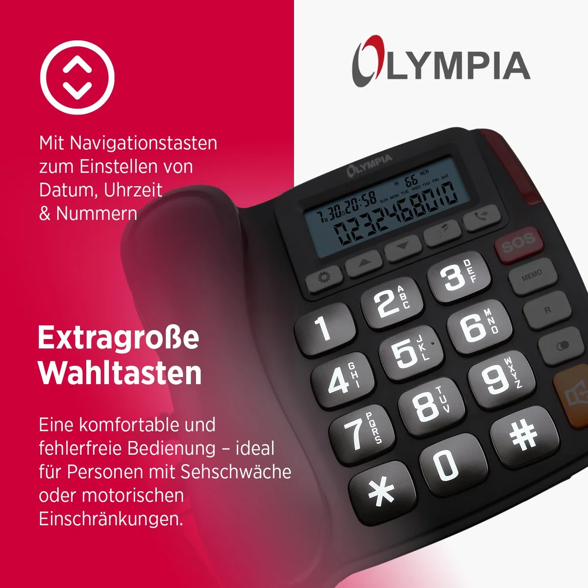 Olympia Großtastentelefon 4520 | Seniorentelefon Festnetz | mit extragroße Wahltasten | Festnetztelefon mit Schnur | hörgerätekompatibel | Senioren Telefon mit Kabel | großes LCD-Display | schwarz